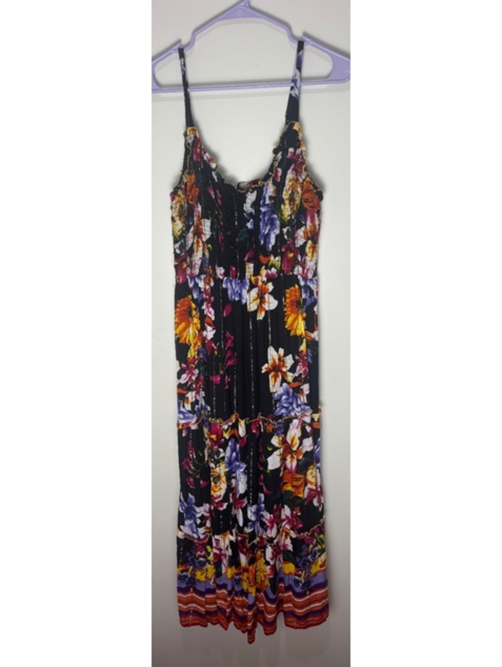 Me 2 Magic Maxi Dress L Black Floral Smocked Boho Metallic Tiered Strappy